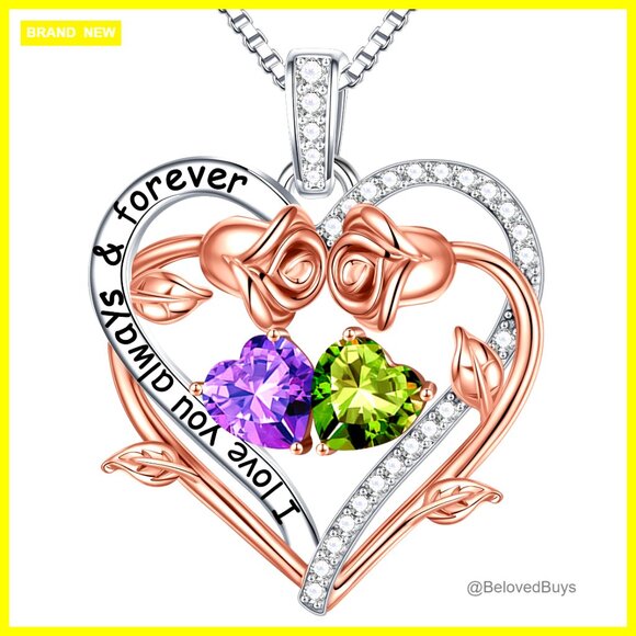 Sterling Silver Double Heart Birthstone Pendant Necklace Gift for Women - Picture 1 of 7